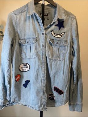 Express Light Blue Denim Shirt with Patch Accents